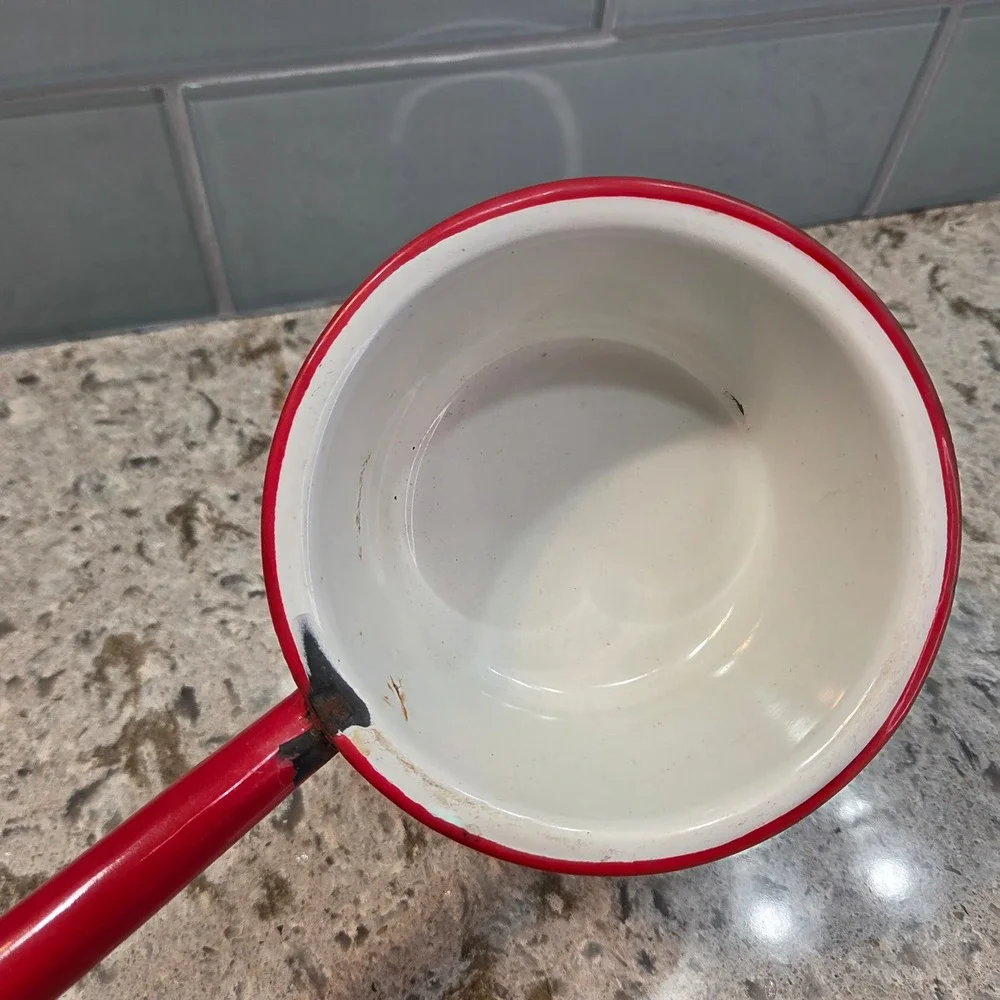Vintage Enamelware Water Dipper Ladle White Red Rim Farmhouse Primitive 13.5